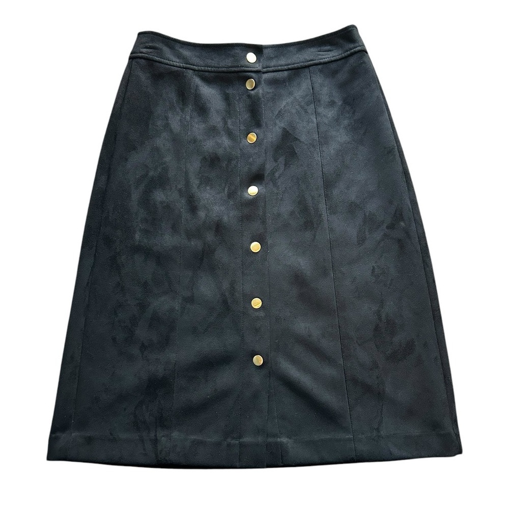 LOFT Women’s Black Faux Suede Snap Front A-Line Midi Skirt‎ Size 2